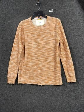 Koto Sweater Mens Small Beige Marled Knit Crewneck Pullover Long Sleeve Raw Hem